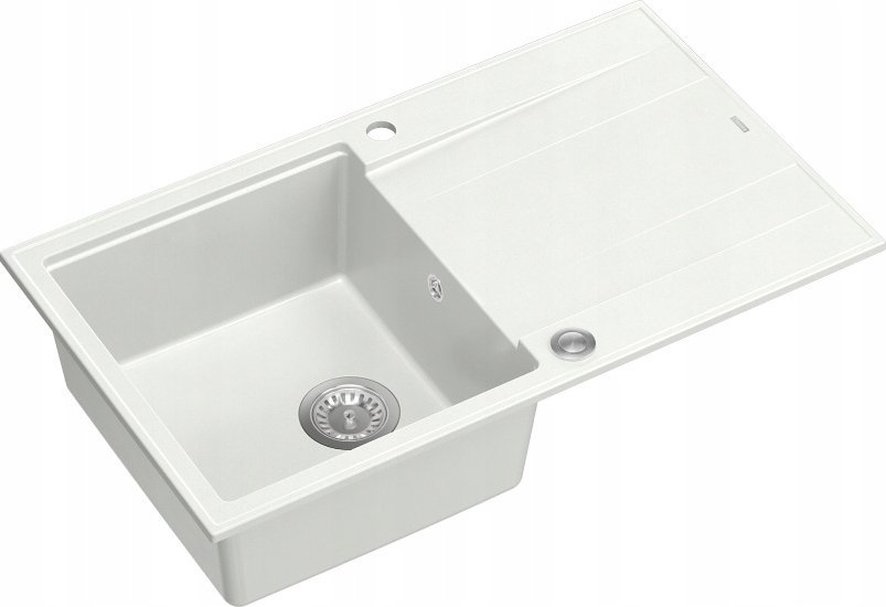 Zlewozmywak GraniteQ EVAN 111 GraniteQ zlewozmywak z syfonem Push 2 Open 1-komorowy z/o (860x500x210) snow white / elementy stalowe