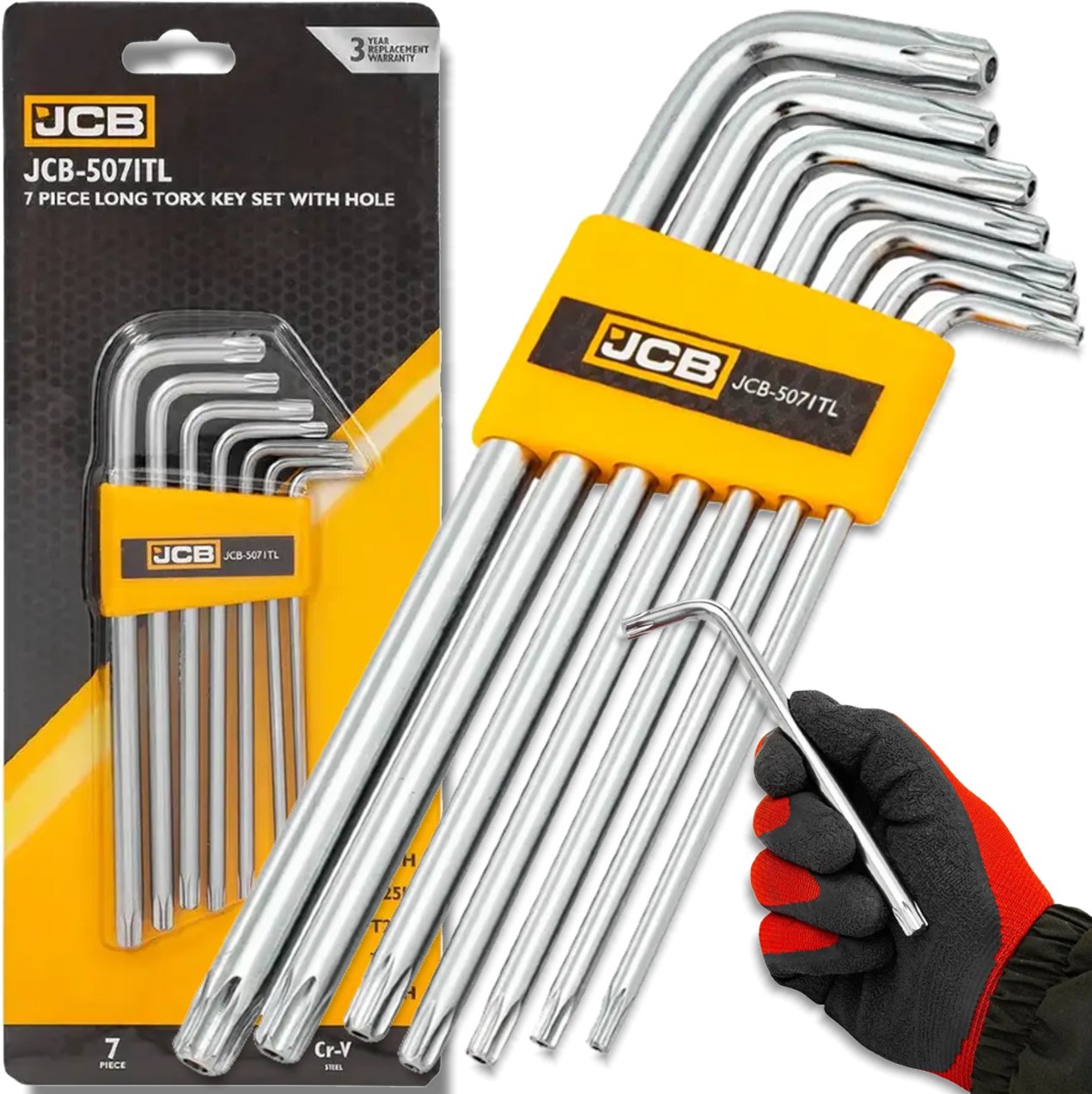JCB Zestaw KLUCZY TORX długich z OTWOREM 7 ELEMENTÓW T10H-T40H typu L Cr-V
