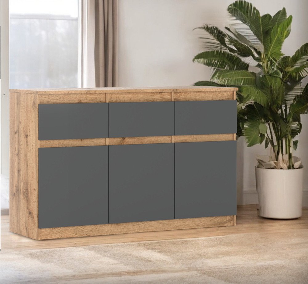 Komoda Z 3 Szufladami 120cm Szafka Do Sypialni Salonu Dąb Wotan Szara Mat