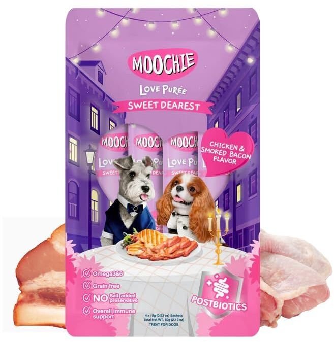 MOOCHIE Love Puree Chicken & Smoked Bacon 4x15g przysmak dla psa o smaku kurczaka i wędzonego boczku