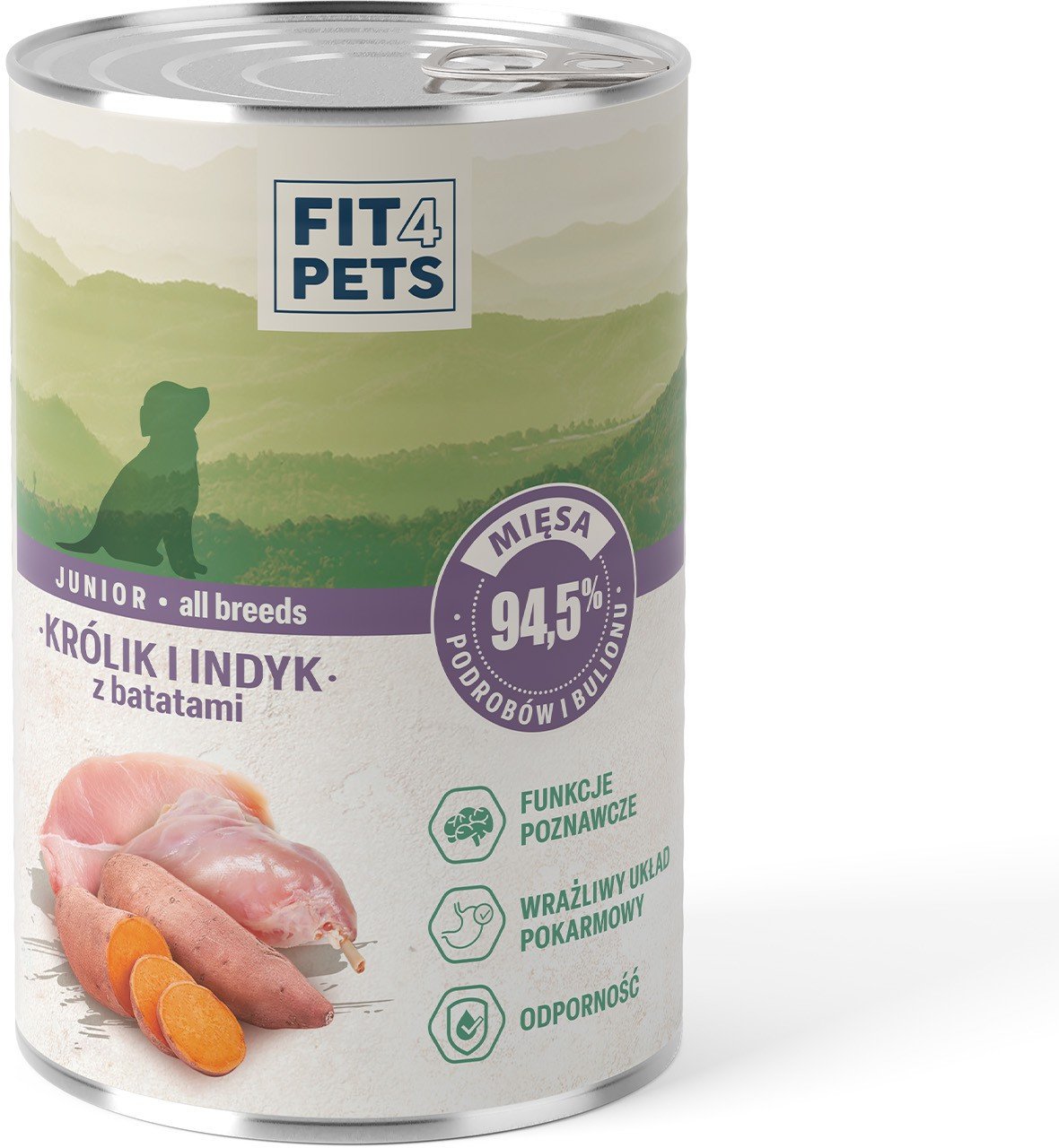 Karma dla szczeniaka pełnoporcjowa Fit4Pets królik i indyk z batatami 400g 12 szt.