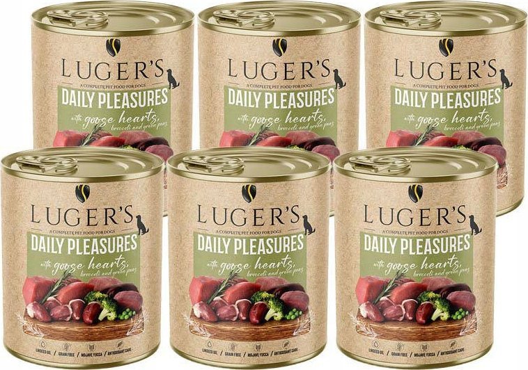 Karma mokra dla psa Luger's Daily Pleasures z sercami z gęsi, brokułem i zielonym groszkiem zestaw 6 x 800 g