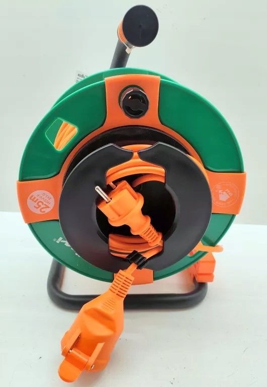 Przedłużacz bębnowy 1-gniazdowy H05VV-F2x1,0 22+3m nawinięty na bęben zielono-pomarańczowy / 24629