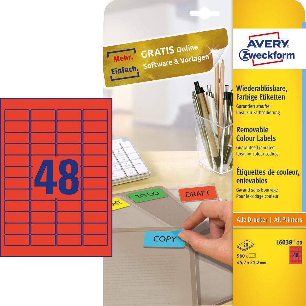 Avery Zweckform Usuwalne etykiety kolorowe 45.7 x 21.2 mm czerwony (L6038-20)