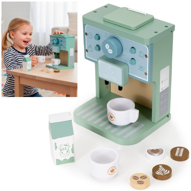 Ekspres do kawy z filiżankami drewniany, zabawka dla dzieci 8 el. multikolor UNIWERSALNY