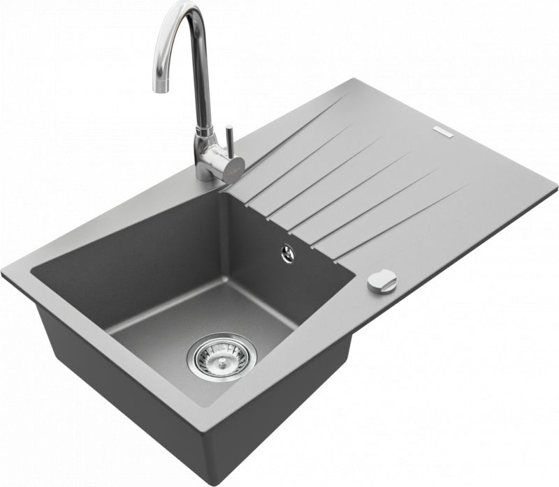 Zlewozmywak Mexen Mexen Cesar zlewozmywak granitowy 1-komorowy z ociekaczem i baterią kuchenną Telma, szary - 6514-71-670200-00