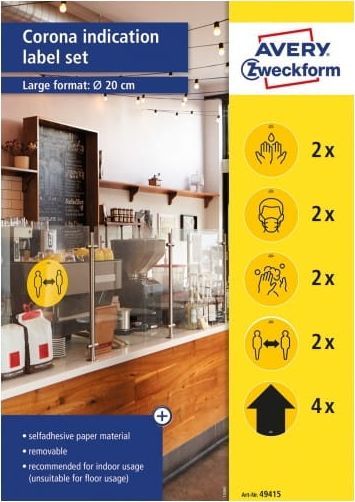 AVERY ETYKIETA AVERY ZWECKFORM 49415 ZESTAW USUWALNYCH ETYKIET OSTRZEGAWCZYCH KORONAWIRUS OKRĄGŁE ZE WZOREM