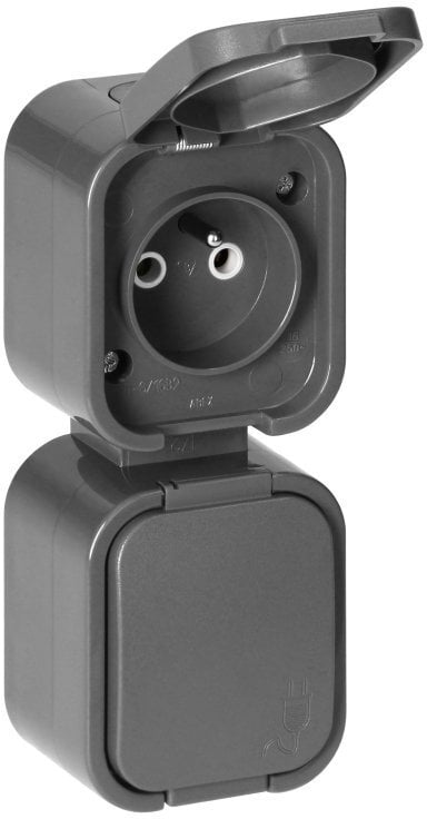 Gniazdo podwójne n/t 2x2P+Z, bryzgoszczelne z klapką, pionowe B2, IP54, NT-6B2/P, szary,OR-OE-7806/V/G