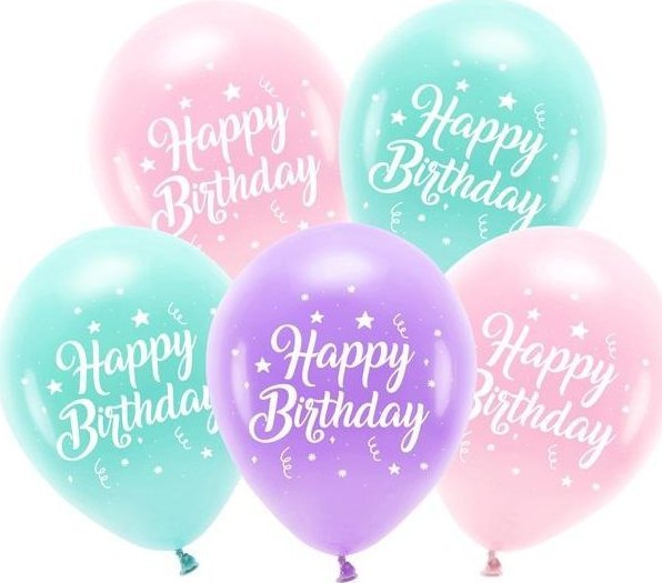 Balony Eco Happy Birthday różowy 26cm 5szt