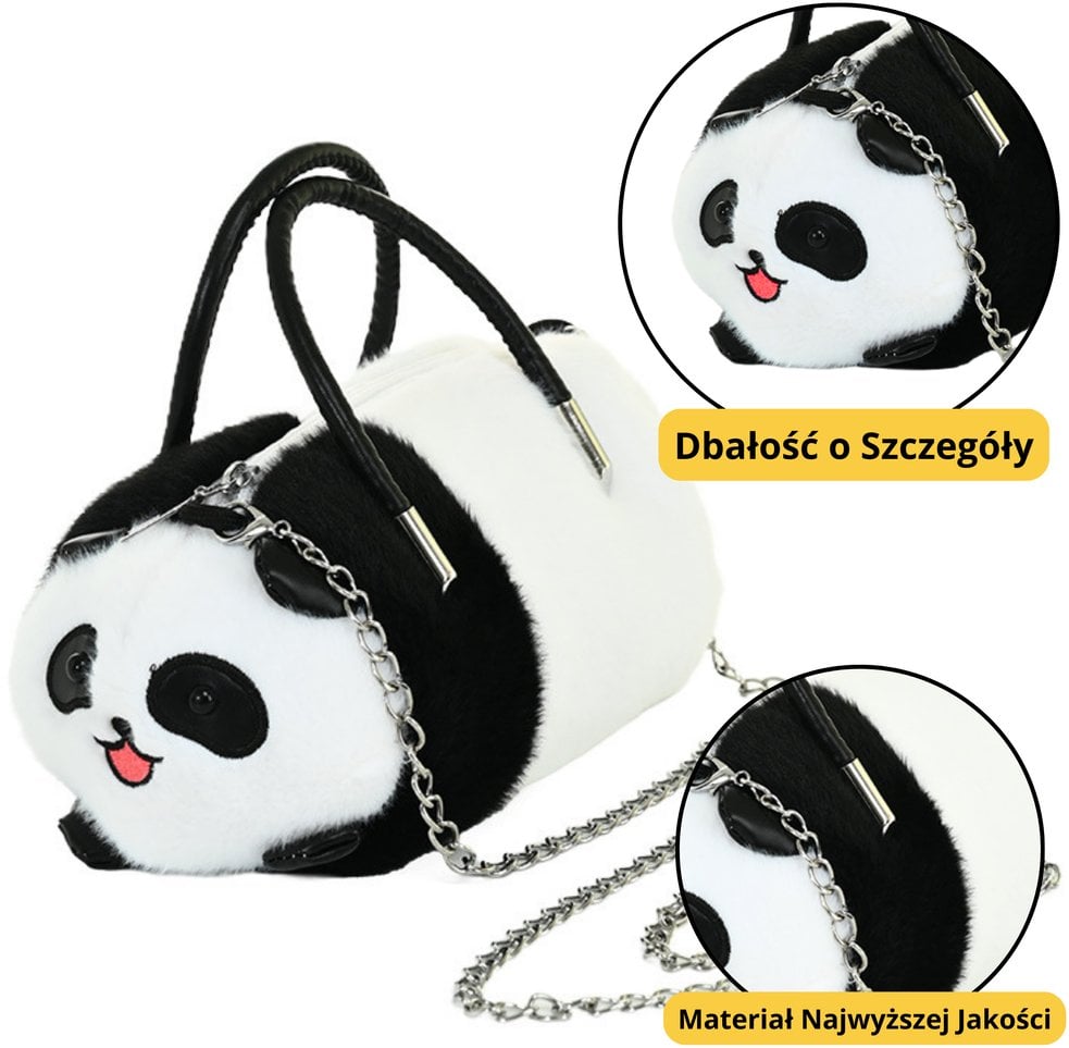 Pluszowa Torba Panda Uchwyty Metalowy Łańcuszek Czarno Biała 20cm