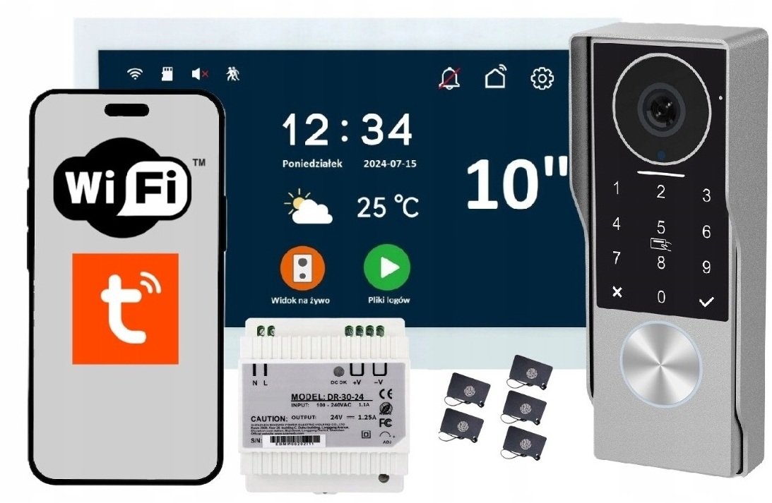 Reer IPS KW07 DIN WIDEODOMOFON VIDEODOMOFON WiFi 1080p APP 10' TUYA 2 ŻYŁOWY PASTYLKI KLAWIATURA