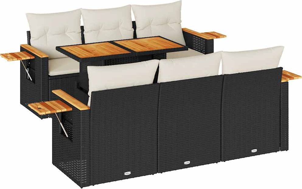 7-cz. zestaw mebli z poduszkami, czarny, polirattan i akacja