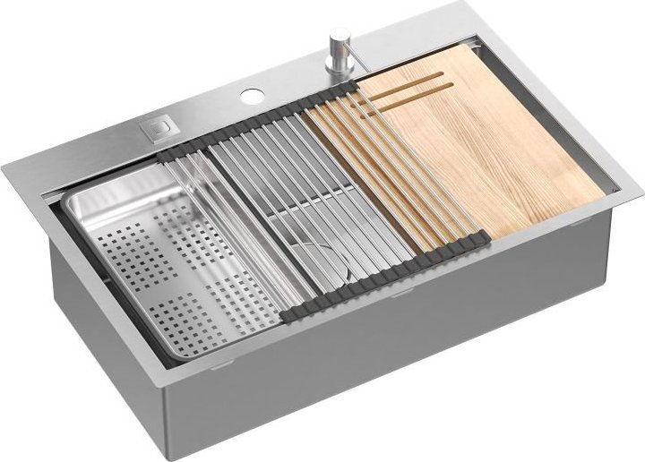 Zlewozmywak GraniteQ BURT Workstation SteelQ zlewozmywak 1-komorowy b/o stal szlachetna 760*500*220 mm + syfon push to open + dozownik stal szcz. + wk