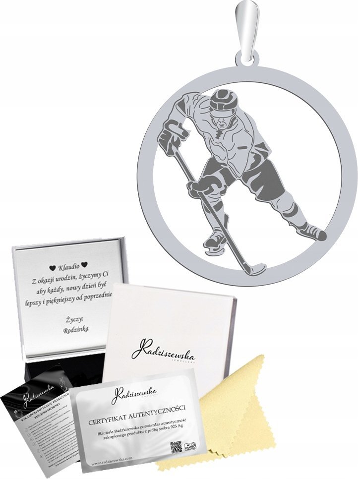 Radziszewska Jewellery Zawieszka Srebrna Hokeista Hokej Męska Prezent 925 GRAWER DEDYKACJA GRATIS