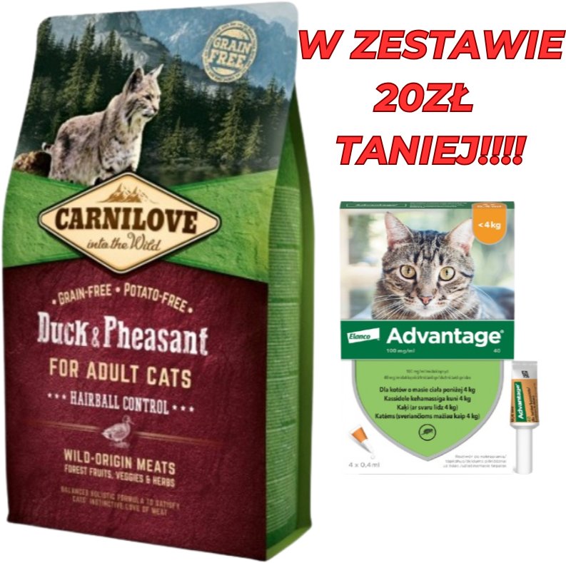 CARNILOVE Cat Duck & Pheasant Hairball Control 6kg + Advantage - dla kotów (0,4mlx4) *roztwór* blister