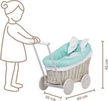 WickerPL LUNA WÓZEK WIKLINOWY DLA LALEK Z OBSZYCIEM miętowym 60X30 H45 CM