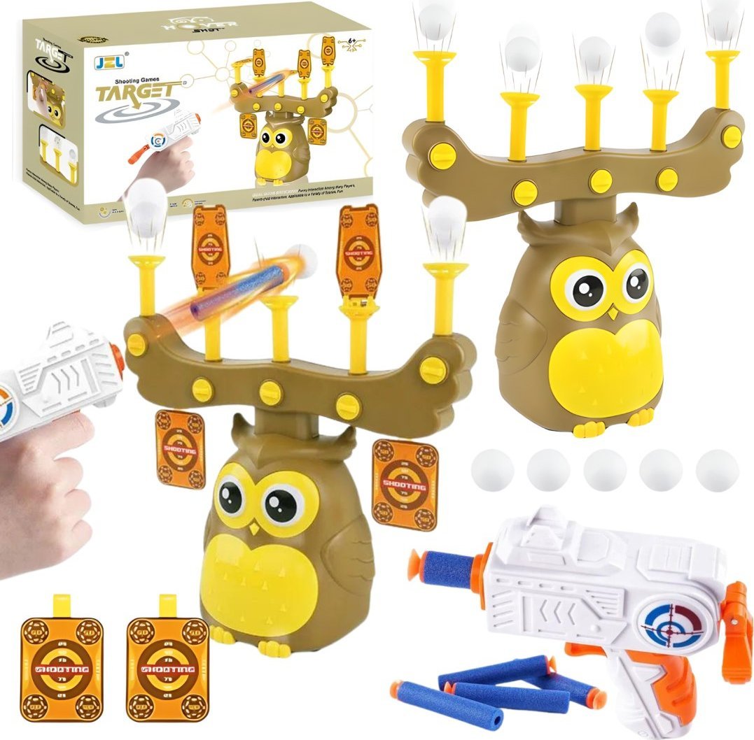 GRA STRZELECKA SOWA ZESTAW PISTOLET PIŁECZKI KARTY CELU GRA ZRĘCZNOŚCIOWA