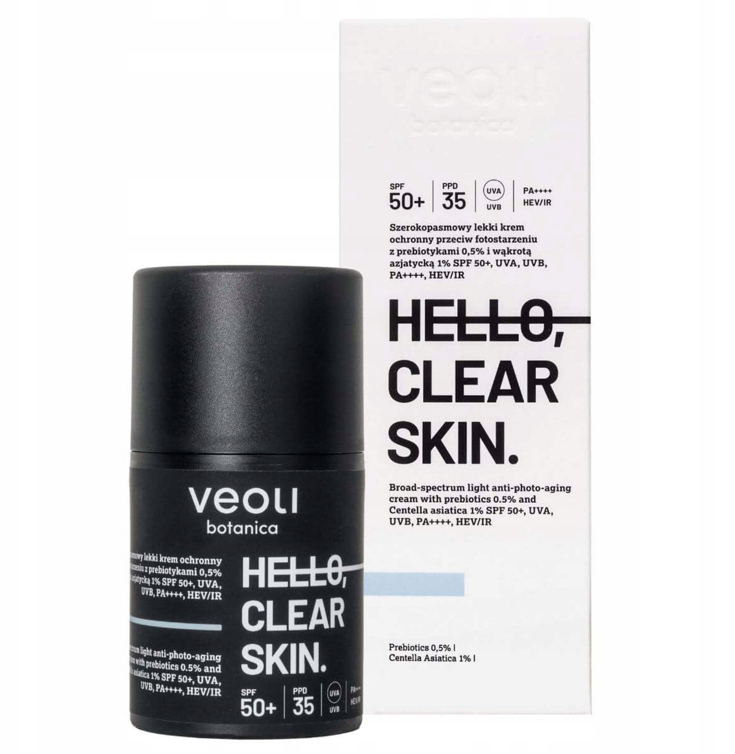 VEOLI BOTANICA_Hello Clear Skin szerokopasmowy lekki krem ochronny przeciw fotostarzeniu z Prebiotykami 0,5% i Wąkrotą Azjatycką 1% SPF50+ 50ml