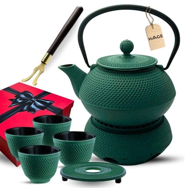 ZAPARZACZ ŻELIWNY DZBANEK ZIELONY 900ml Z PODGRZEWACZEM i FILIŻANKAMI PREZENT
