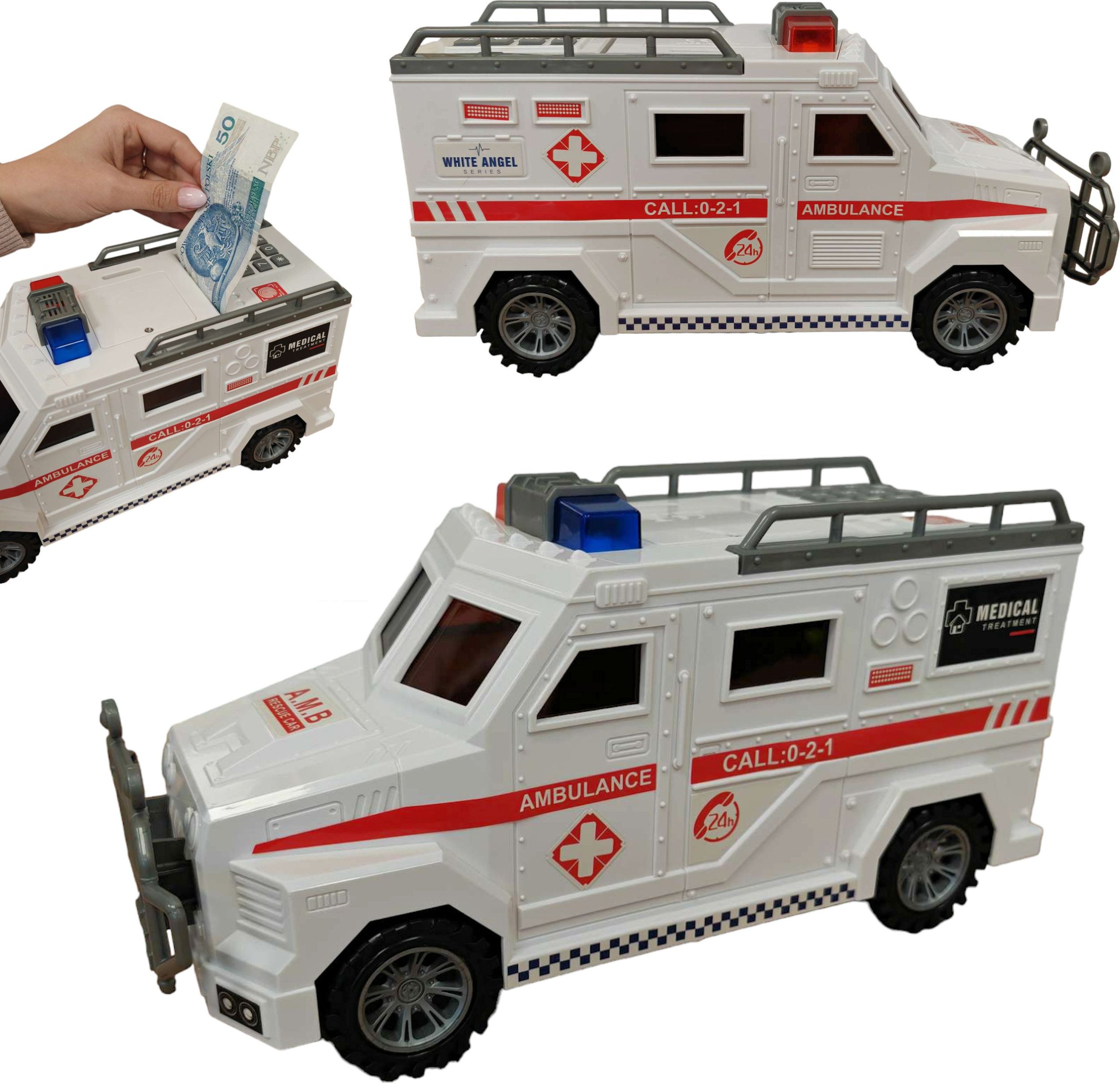 Coil Coil skarbonka na monety banknoty świnka prezent na pieniądze otwierana interaktywna auto ambulans