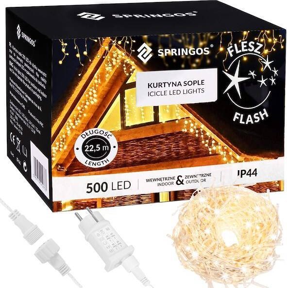 Springos Kurtyna świetlna 500 led girlanda, lampki wewnętrzno-zewnętrzne sople biały ciepły + flash UNIWERSALNY