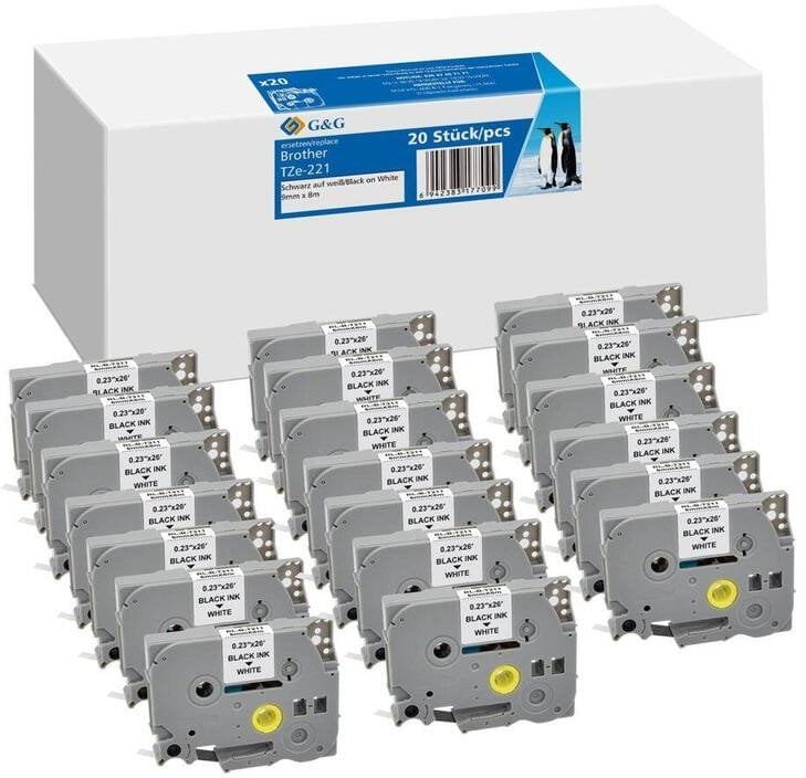 20x G&G Schriftband 9mm x 8m sw- ws komp. m. Brother TZe-221
