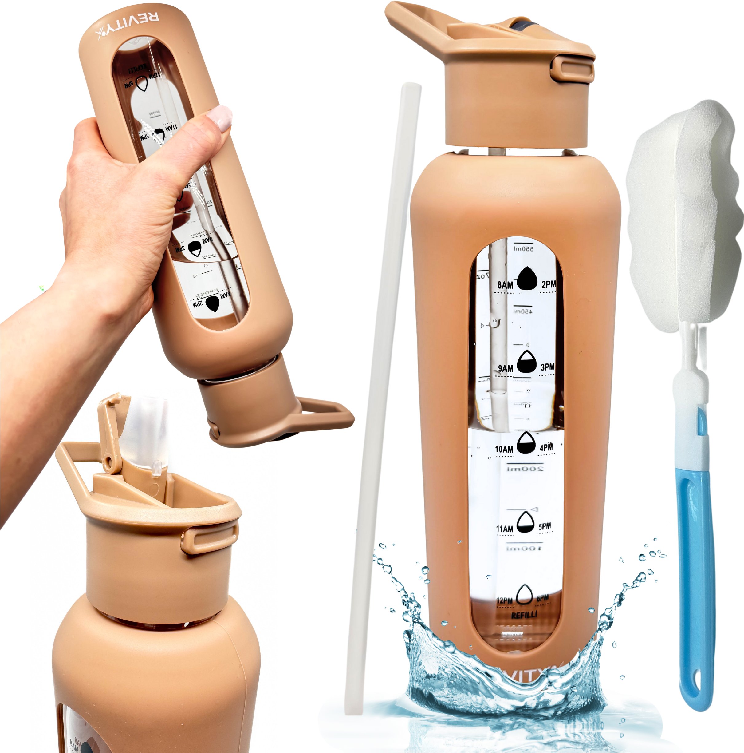 Szklana butelka na wodę Revity bidon z dziubkiem i miarką w silikonowym etui