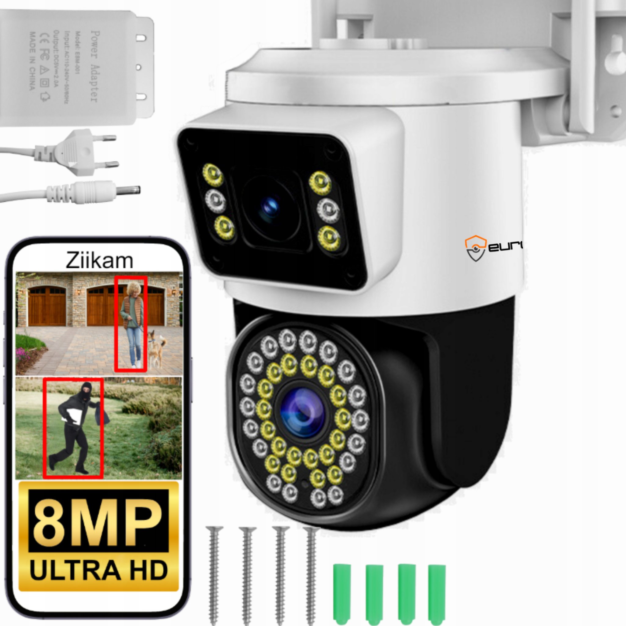 PODWÓJNA KAMERA WIFI IP SMART ZEWNĘTRZNA OBROTOWA 4K 8MPX DETEKCJA ALARM