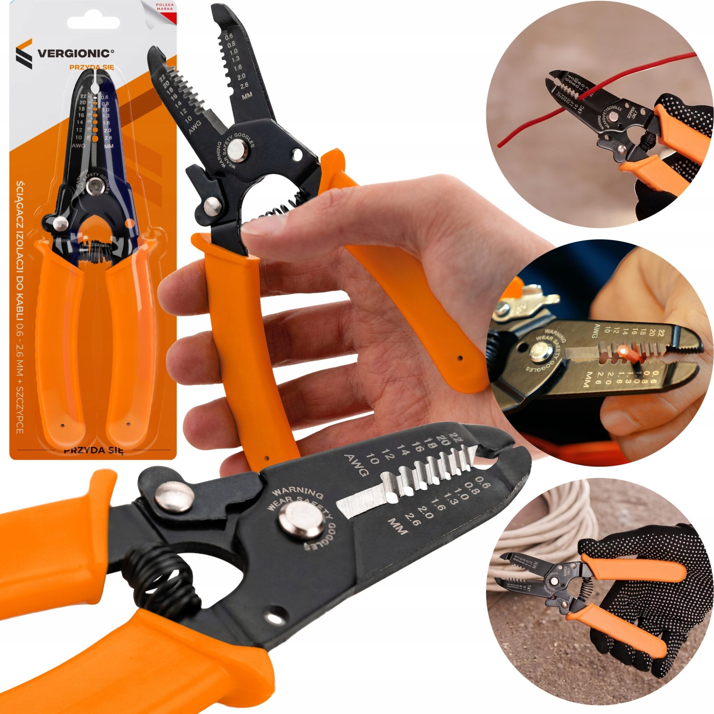 VERGIONIC ŚCIĄGACZ IZOLACJI DO KABLI SZCZYPCE ŚCIĄGACZKA KABLI 0,6 - 2,6 mm VERGIONIC