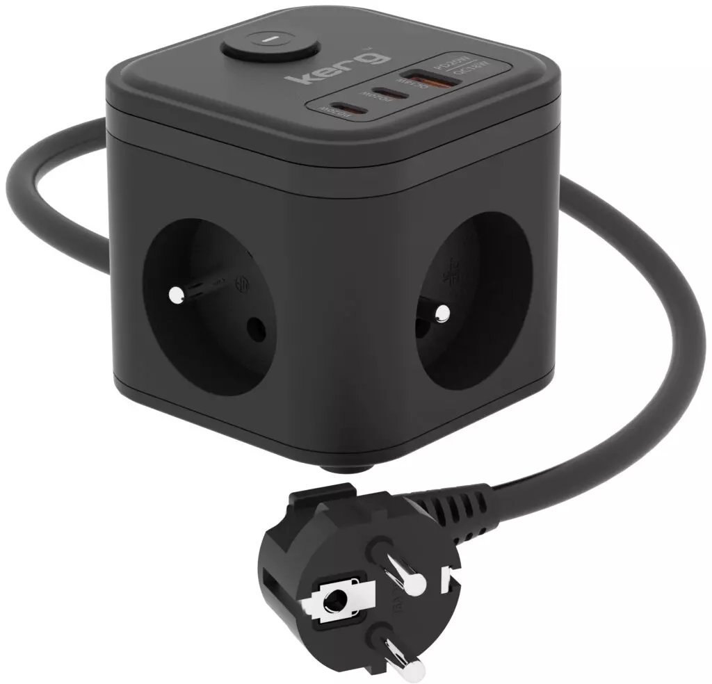 Listwa zasilająca Kerg Kostka zasilająca 3-gniazdowa + szybka ładowarka USB-A+USB-C 1,5m 3×1,5mm2 H05VV-F 16A/250V~ Smart czarna