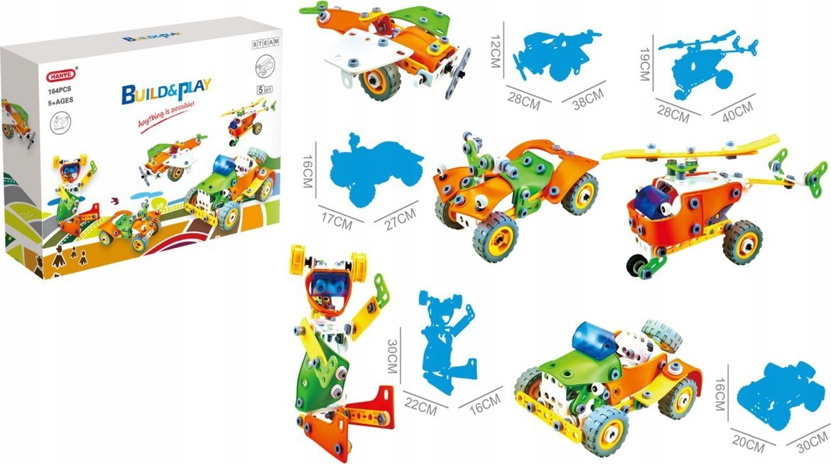 Klocki Elastyczne, Konstrukcyjne 164 El. Auto, Quad, Helikopter, Samolot, Robot Do Rozkręcania I Skręcania 5w1