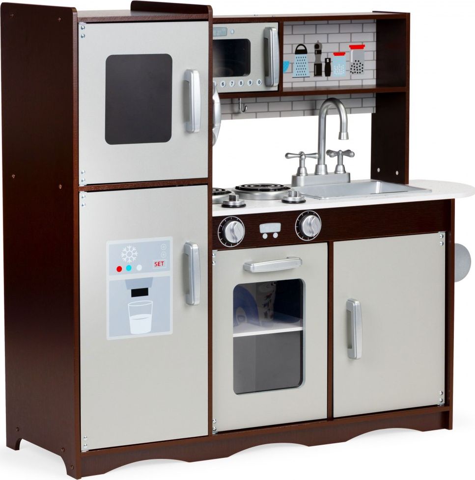 Ecotoys Duża drewniana kuchnia dla dzieci z szafkami + lodówka