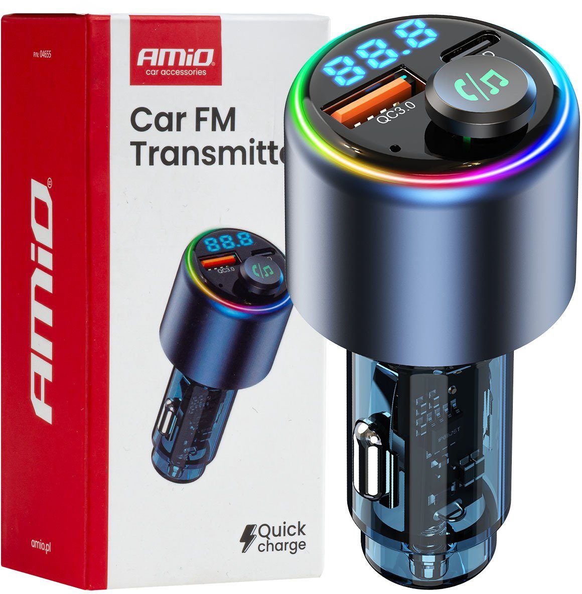 Transmiter samochodowy fm 1×usb-a 1×usb-c 12v 24v amio-04655