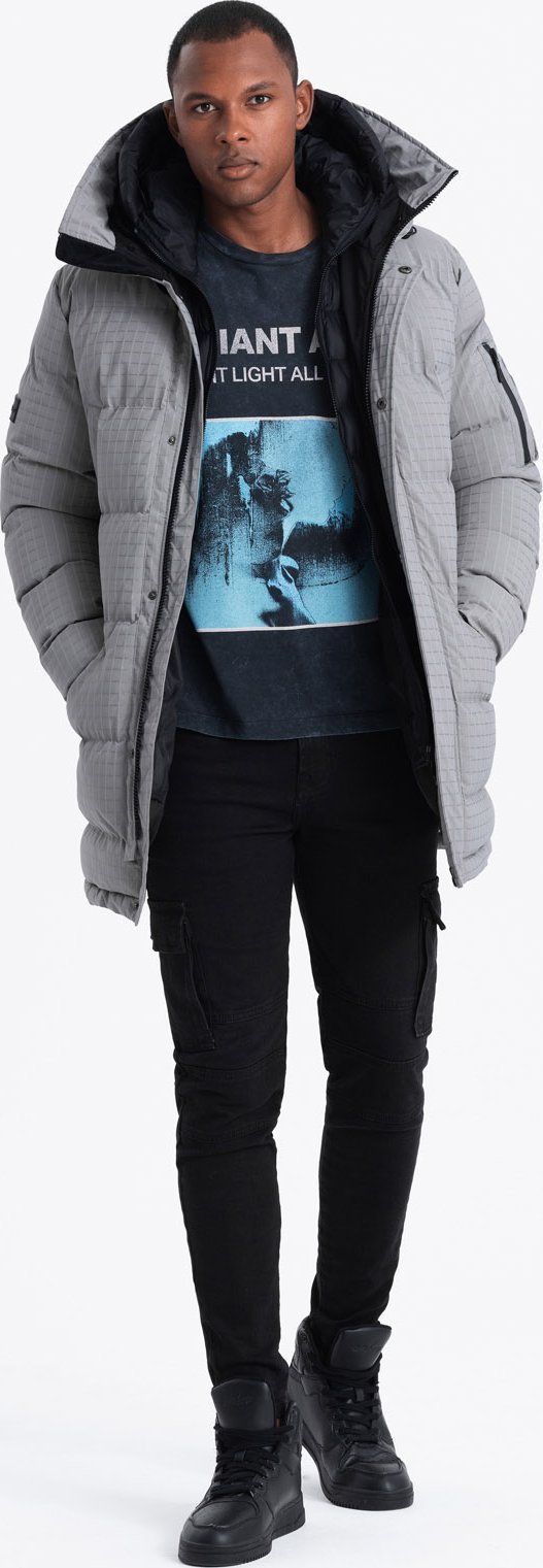 Kurtka męska Ombre Długa męska kurtka parka ze strukturalnej tkaniny szara V2 OM-JALJ-0201 XXL