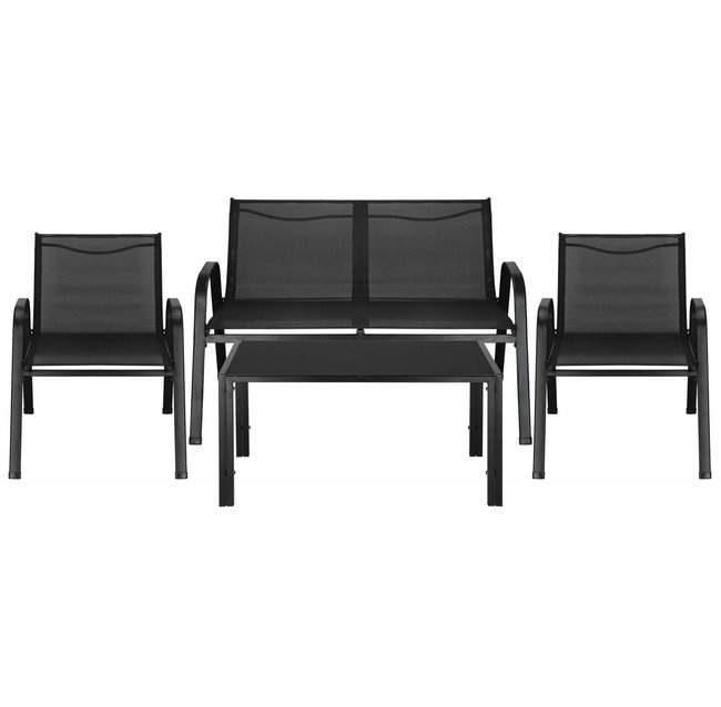 Meble ogrodowe zestaw sofa, 2 krzesła i stolik ze szklanym blatem czarne UNIWERSALNY