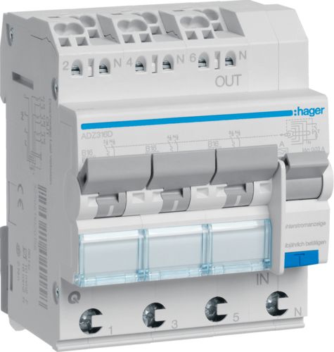 Hager Wyłącznik różnicowonadprądowy 3+N B 16A 0,03A Typ A 6kA RCBO (ADZ316D)