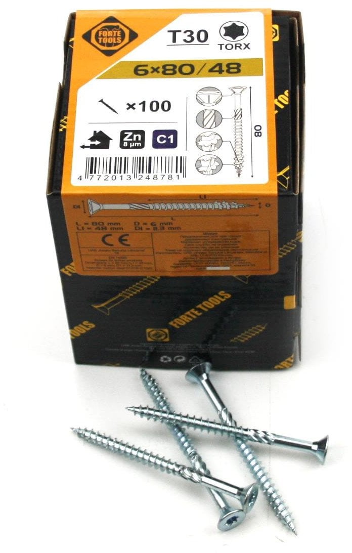 CHIPBOARD SCR T30 6.0X80/48 WHITE ZN(100