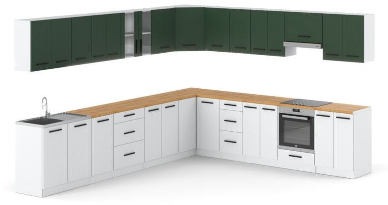 Meble Kuchenne Nowoczesne Narożne Kuchnia Rossa 6.8m Butelkowa Zieleń Biała
