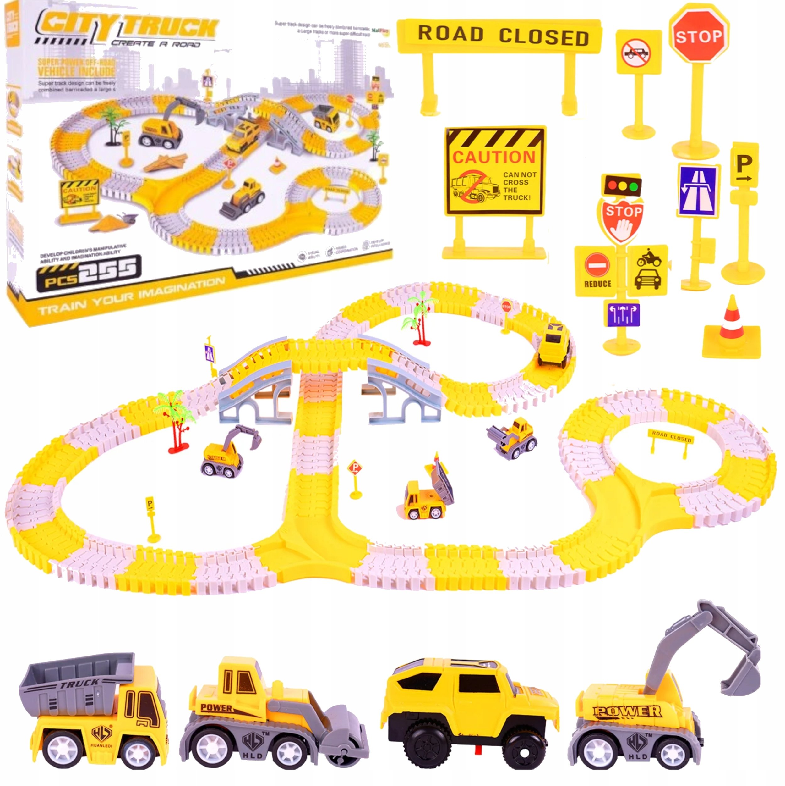 Tor samochodowy Budowlany 255 el. - auta pojazdy budowy zestaw dla dzieci