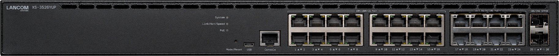 LANCOM XS-3526YUP Managed L3-Lite multi-gigabit PoE++ access switch 16x 1GE PoE+ 802.3at 8x 10GE PoE++ 802.3bt type 4 2x 25G SFP28