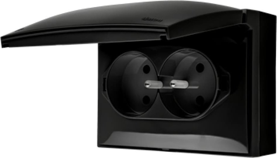 Kontakt-Simon Simon Aquaclick Gniazdo IP44, podwójne kompaktowe z uziem., klapka w kolorze, z przesł. torów prąd. czarny ACGZ2Z/49