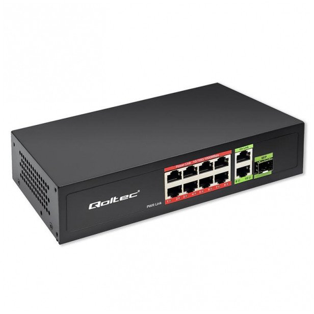 Switch niezarządzalny Qoltec przełącznik sieciowy FAST Ethernet 8x RJ45 PoE 2x RJ45 Uplink 1x SFP | 120W | 1000 Mb/s