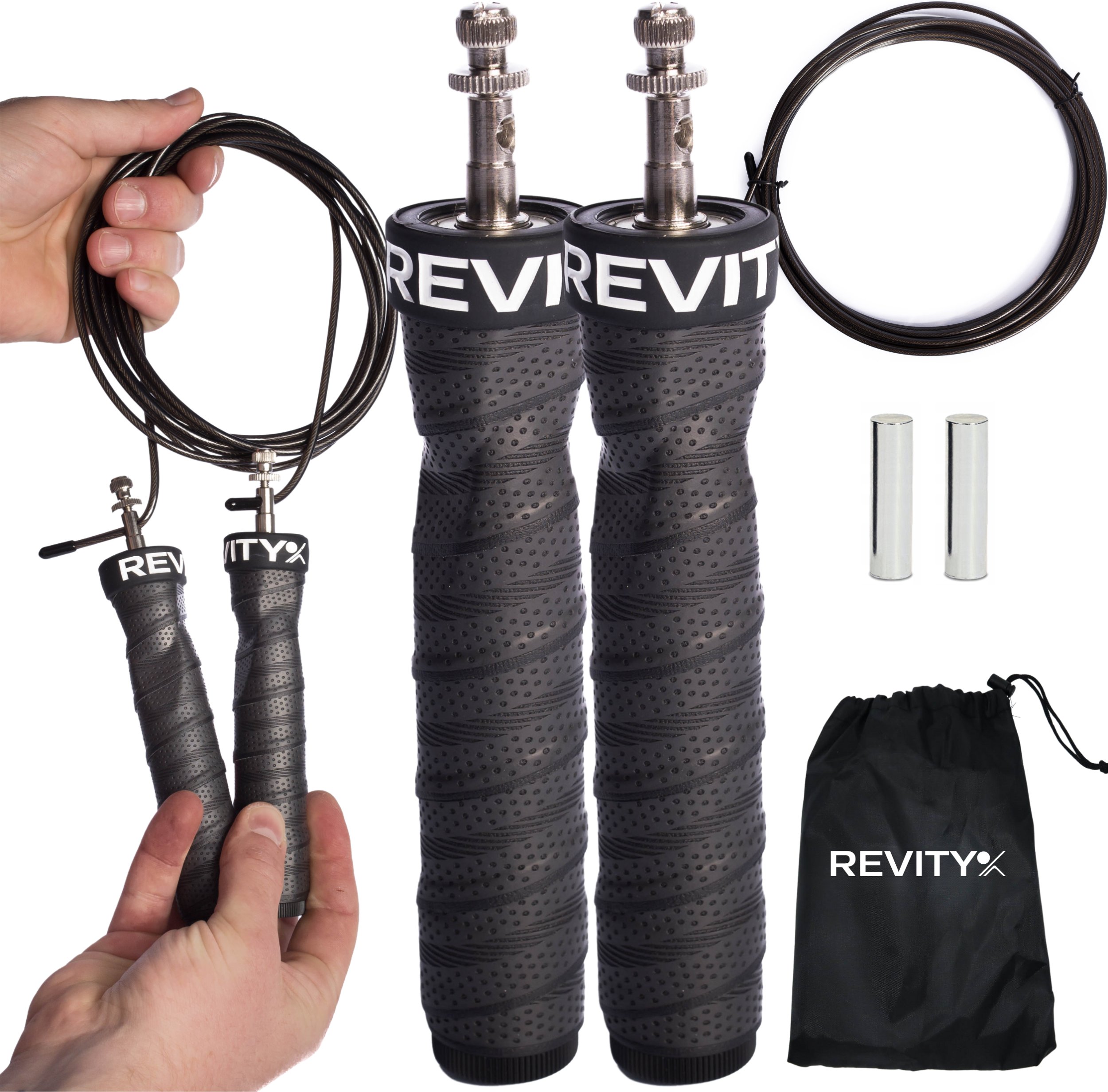 Skakanka do ćwiczeń Revity czarna 300 cm szybka ergonomiczna z obciążeniem