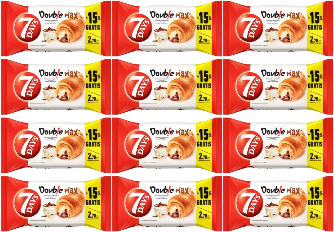7 Days Doub!e Max Croissant z nadzieniem o smaku kakaowym i waniliowym 110 g x 12 sztuk