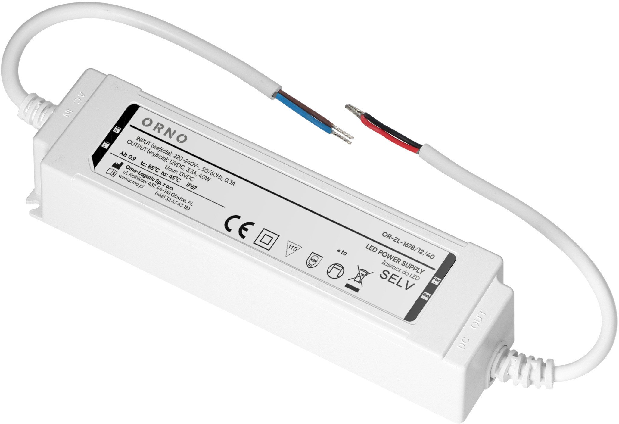 Zasilacz LED IP67, hermetyczny, 12V, 40W, plastikowa obudowa