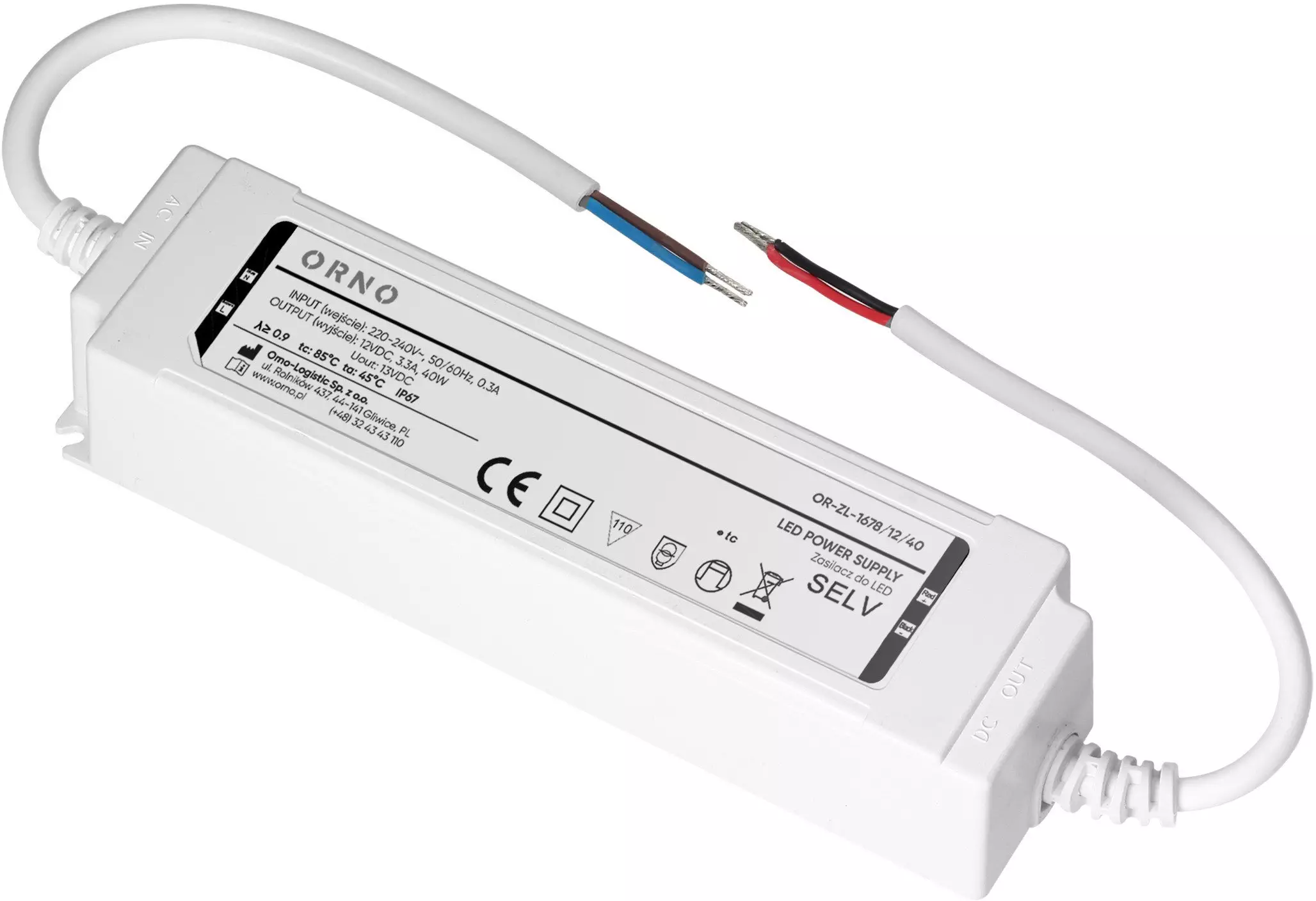 Zasilacz LED IP67, hermetyczny, 12V, 40W, plastikowa obudowa
