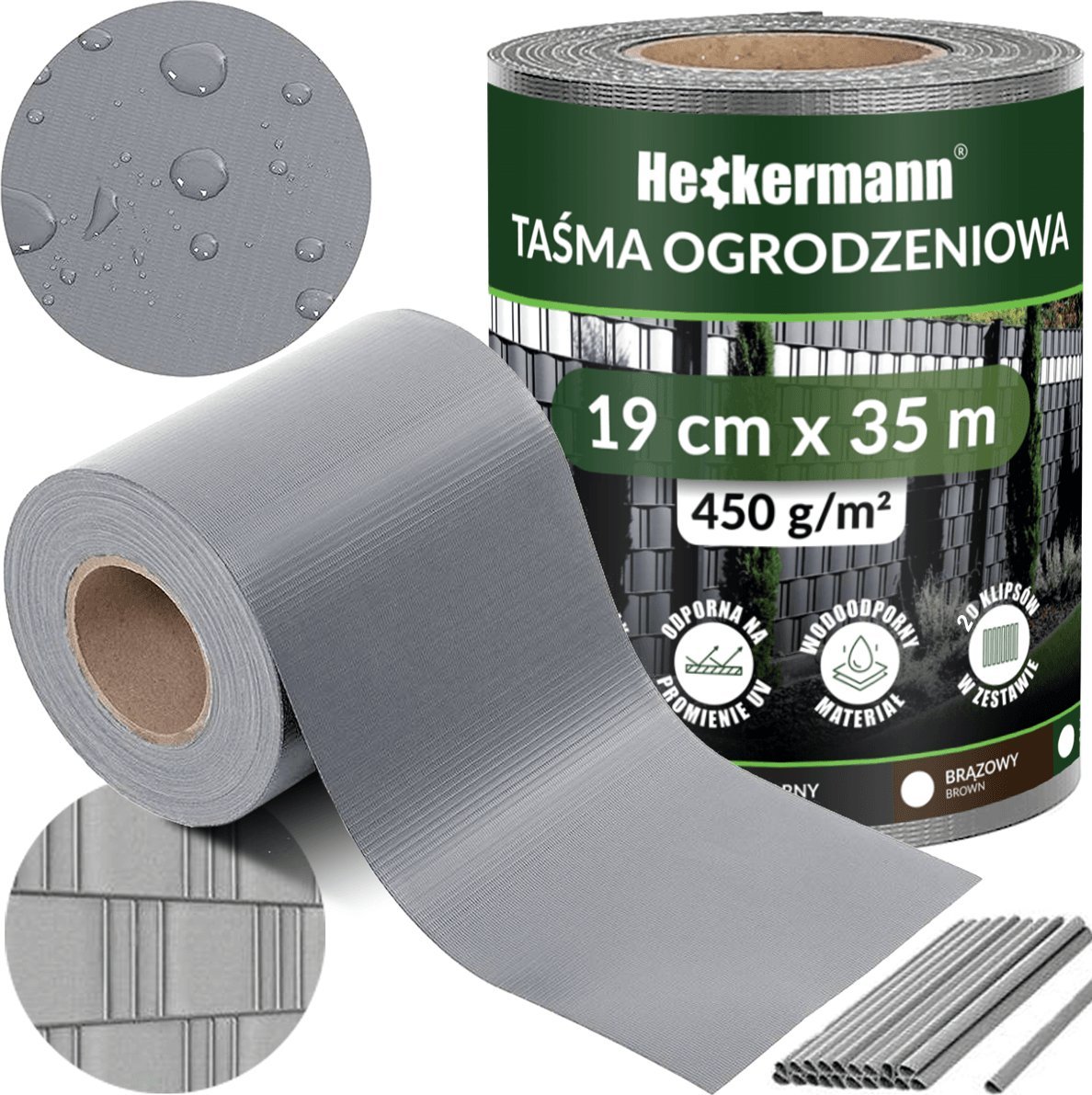 Heckermann Taśma ogrodzeniowa 19cm x 35m Heckermann - Jasnoszara