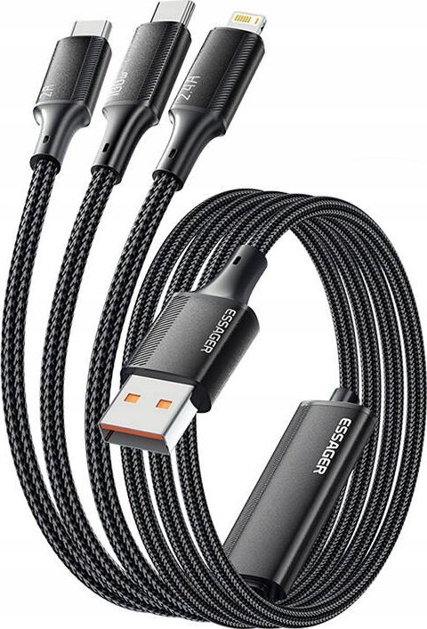 Kabel USB Essager Kabel USB-A 3w1, Essager, EXCMTL-JJ01-P, USB-C/Lightning/Micro, 100W, 1.2m (czarny)