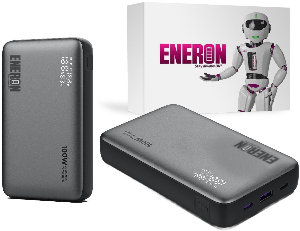 Powerbank Eneron SZYBKIE ŁADOWANIE 20000mAh 3x USB/USB-C 100W do LAPTOPA/TELEFONU + kabel