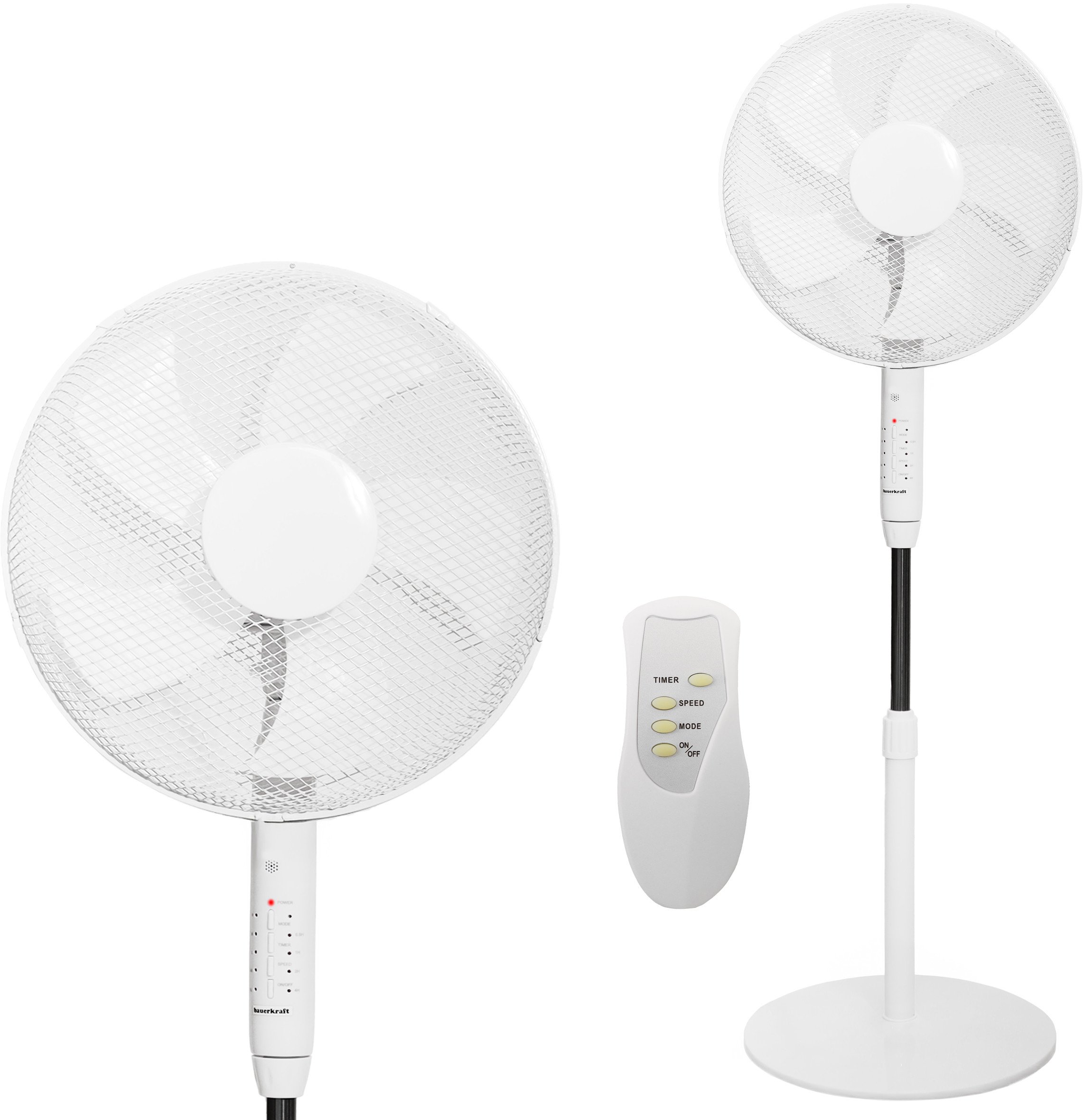 Wentylator podłogowy wiatrak stojący 5 łopatek mocny cichy timer pilot 3 tryby regulacja 45W biały Bauerkraft